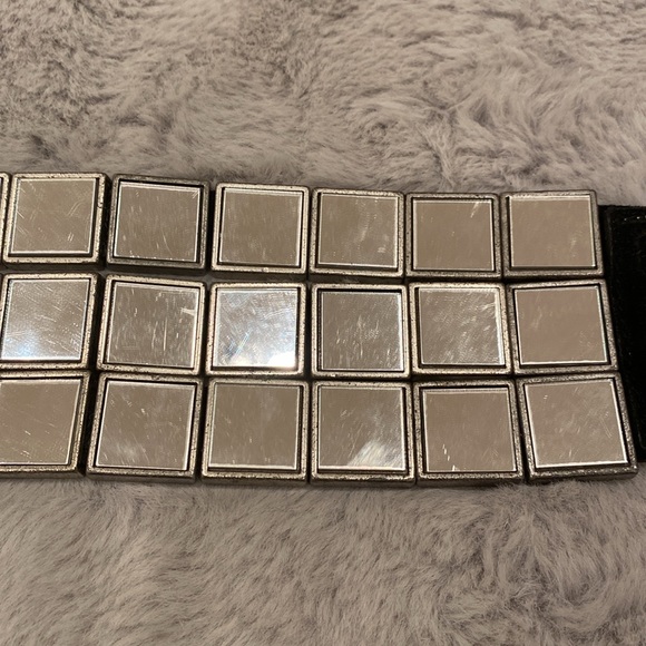 Vintage Rubik IceCube glass Mirror Suede Leather Wide statement belt Y2K RARE - Picture 10 of 14